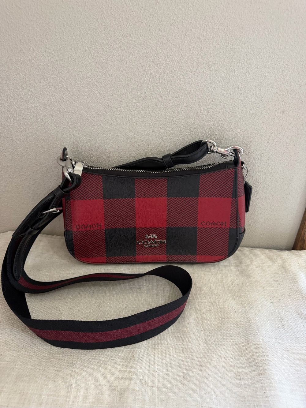 Coach Jes Baguette Red and Black Buffalo Plaid Leather Crossbody Bag